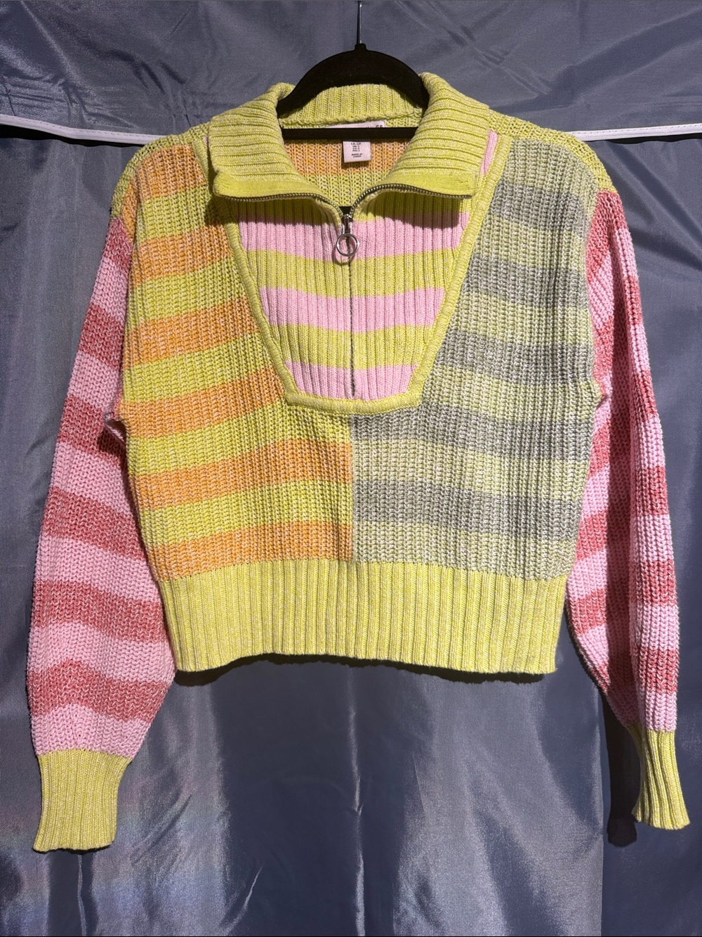Sincerely Jules Striped Cropped Zip-Front Turtleneck Sweater in Yellow & Pink